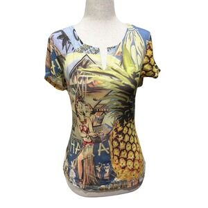 90s Y2K Womens Retro Hawaiian Postcard Graphic Tee Pineapple Hula Tiki Print Top